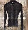 Kadın Tişörtleri Kadın Ay Baskılı Mesh Dantel T-Shirt Siyah Mockneck Üst Motif Yüksek Boyun Sheer Geri Dönüşümlü Poliamid Karışımı