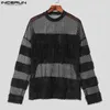 Men's T Shirts Casual Stylish Style Tops INCERUN Sexy Hollowed Patchwork Plush T-shirts Solid All-match Loose Long Sleeved Camiseta S-5XL