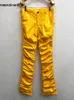 Mauroicardi bahar sonbahar sarı mavi parlak yansıtıcı esnek yumuşak pvc sahte deri yığılmış pantolon erkekler için y2k sokak kıyafetleri 240122