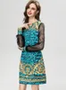 Women's Runway Dresses O Neck Long Lace Patchwork Sleeves Printed Fashion Designer Short Vestidos