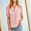 Women's Blouses Women Notch Lapel Shirt Puffed Short Sleeves Button Placket Pleated Back Tops V-neck Causal Comfortable Female Clothing