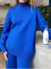 2 Pieces Blue Women Sets Knitted Tracksuit Turtleneck Sweater and Straight Jogging Pants Suits 240119