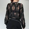 Women's Polos Perforated Hollow Out Knitted Blouse Sunscreen Long Sleeve Top Gothic Dark Black Sexy Thin Sweater Summer Chic Crop Tops