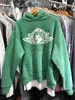 Herrtröjor tröjor vintage Saint Michael Angel Crack Print Green Hoodie Hole Wash Casual Loose High Quality Men's Sweater Streetwear T240122