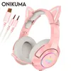 Hörlurar Pink Cat Ear Headset Girls Casque Wired Stereo Gaming hörlurar med MIC LED -ljus för bärbar dator/ PS4/ Xbox One -kontroller