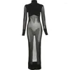 Casual Dresses JusaHy Women Black Turtleneck Maxi Patchwork Long Sleeve Mesh See-through Slim Dress Sexy Robe Streetwear 2024