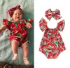 Ubrania noworodka dla dzieciaku druk wodny Krótki rękaw okrągła szyja Bodysuit Bowknot Opaska na głowę 2PC Bawełniany Set Set6831689