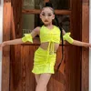 Stage Wear Fluorescent Yellow Latin Dance Costume For Girls Tops Skirt Children Practice Rumba Dancing Performance CostumeD L10178