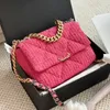 19 Series Women Designer Shoulder Bag Tweed Wool Knitting 26x16cm Houndstooth/Plain Woven Pattern Gold Hardware Two-Colour Chain Medium Purse Cross Body Handbag