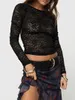 Women's T Shirts Women S See Through Mesh Tops Lace Floral Print Long Sleeve Tee Lettuce Trim Sexy Sheer Crop Top