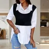 Women's Blouses Long-sleeved Blouse Chic Lapel Long Sleeve Shirt Stylish Two-piece Patchwork Color Matching Cufflink Accents For Fall