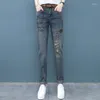 Jeans da donna con fori ricamati a vita alta tasche a S pantaloni pantaloni strappati per donna pantaloni blu strappati in grunge Y2k A