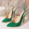 Dress Shoes V Cut Hollow Pointed Toe Women Slingback Big Size 46 Shallow Stiletto Heels 12CM Green Patent Leather Evening