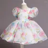 Vestidos de menina meninas vestido para crianças formal noite baile traje 4-10y flor malha tutu princesa crianças roupas manga sopro