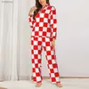 Damesslaaplounge Kroatisch dambordpyjama Dames Rood Wit Vierkant Warme slaap Nachtkleding Lente 2-delig Casual oversize pyjamaset met printL240122