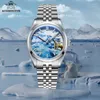 腕時計の追加オリジナルの自動機械式時計耐水性氷河ダイヤルバブルミラーガラスカレンダーの男性の輝く時計