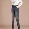 Damesjeansbroek Hoge taille S Blauwe broek voor dames Geborduurd met zakken Baggy Medium Retro A Kleding Hippie In