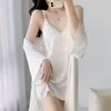 Mulheres sleepwear duas peças robe conjunto mulheres rendas camisola quimono vestido terno lingerie verão seda cetim roupão nightdress homewear