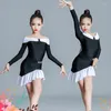 Scene Wear Fashion Latin Dance Competition Costume For Girls Black Long Sleeves Top Ruffled kjolar Samba Ballroom Dresses XS5941