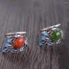 Cluster Rings Burnt Blue South Red Ring Female S925 Sterling Silver Retro Accessories Chinese Style Hetian Jade Blooming Rich Open