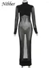Casual Dresses Nibber Sexy Mesh Patchwork Maxi Dress Women Solid Coquette Long Sleeve Turtleneck Skinny Elastic Bodycon Female Clubwear