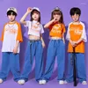 Escenario desgaste niños hip hop ropa kpop show trajes blanco naranja camiseta denim jeans pantalones para niña niño jazz trajes de baile ropa de calle