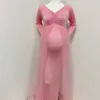 Robes de maternité Maternité Tulle Maxi Robes de bébé douche de bébé robe arrière extensible femme enceinte Robe de photographie élégante rose 24412