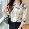 Blusas de mujer Blusa con cadena de flores Mujer Manga larga Solapa Estampado de moda Camisa de seda satinada delgada Ropa de calle para mujer Tops casuales Primavera Verano