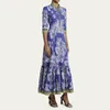 Designer dress floral Australian dress 2024 Women's French V-neck printed waist cinching A-line hem mid sleeve long dress