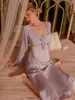 Kobietowa odzież sutowa Marthaqiqi Patchwork Patchwork Sexy V-deck Pajamas Long Rleeve Nightgowns Mid Calf Sukienka Elegancka Kobieta nocna odzież nocna