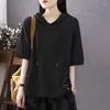 T-shirt da donna 2024 Arrivo Estate Arts Style Donna Casual Manica corta Colletto con cappuccio Top Tees T-shirt in cotone patchwork tutto abbinato P644