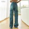 Jeans femininos artka 2024 inverno moda feminina casual cintura alta bolsos soltos retos perna larga lavada calças jeans kn92431q