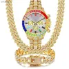 Other 3PCS for Men Women Luxury Necklace Bracelet Jewelry Set Bling Gold Silver Multicolour Diamond Cuban Chain Clock YQ240122