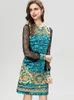 Women's Runway Dresses O Neck Long Lace Patchwork Sleeves Printed Fashion Designer Short Vestidos