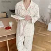 Kadın Uyku Salonu 2 Renk Kadın Çiçek Turnaşma Yaka Pijama Setleri Çiçek Üstleri+Pantolon Vintage Ladies Flows Flows Pijama Set Sleepwearl240122