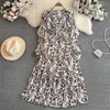 Casual Dresses Retro Floral Long Sleeve For Women 2024 Spring Autumn Gentle Style Temperament V-Neck Slim A-Line Pleated Dress Z3487