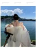 Casual Dresses 2024 Summer Fairy Long Dress Women Strapless Mesh Shawl Elegant Split Po Romantic Beach Wedding Slim Holiday Skirt