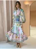 Modna Długa sukienka z nadrukiem w szyku w dekolcie do damskiej wiosennej sukienki o długim talii w 2024