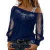 Blusas de mujer Camisa de mujer Impresionante blusa con lentejuelas y diamantes de imitación Malla transparente Patchwork Cuello diagonal Talla grande Top para otoño Primavera Dama