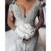 Stunningbride 2024 Abiti da sposa a sirena con perline di lusso Principessa Perle di cristallo Bordare Corsetto Scollo a V Organza Ruffles Cattedrale di strascico Abito da sposa Taglie forti