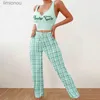 Women's Sleep Lounge Women Two-piece Pajamas Set Girls Grid Sleepwear Lady Round Neck Sleeveless Top+Pants Homewear 2024 Summer PijamaL240122