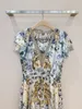 Floral dress, Australian designer dress, V-neck printed high waisted long drawstring waist collection short sleeved mulberry silk silk dress