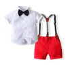 Kledingsets Kinderen Jongens Gentleman Set Korte mouw Strikje Shirt Jarretel Shorts Peuter Baby Boy Outfit Voor Bruiloft Feestjurk