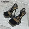 Sandales Aneikeh 2023 été Sexy maille pompes sandales femme bout carré talon haut à lacets croisé Stiletto robe creuse chaussures de soirée J240122