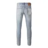 Jeans pour hommes Jeans Purple Brand avec trous aux genoux bleu clair et coupe slim 9010