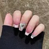 Unghie finte fatte a mano bara corta stile francese unghie finte punte strass scintillanti stampa sulle unghie unghie finte acriliche riutilizzabili con colla manicure Q240122