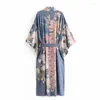 Mulheres Swimwear Boho Queens Mulheres Floral Imprimir Sashes Bohemian Robe Senhoras V Neck Batwing Mangas Happie Maxi Kimono Cover-Ups