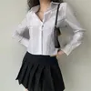 Damesblouses Koreaanse tops met lange mouwen, wit crop-shirt voor dames, lente zomer, slanke button-up blouse, vrouw, streetwear, turn-down kraag