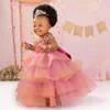 Robes de fille de fleur rose sud-africaine manches longues à plusieurs niveaux en tulle perles robes de bal robe de demoiselle d'honneur princesse reine petites enfants filles robes de fête d'anniversaire NF036