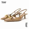 Sandals TRAF 2023 سلسلة هريرة الكعب نساء Slingback مدببة إصبع القدم الكعب العالي للنساء مضخات السيدات الزفاف المكتب المكتب الحديث HEELSJ240122